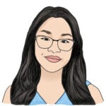 A head-and-shoulders illustration of Jessica. She has light skin, long black hair and is wearing a light blue tank top. She has glasses and is smiling with her mouth closed.