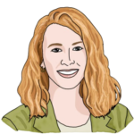 A head-and-shoulders illustration of Nikki Cooper. She has light skin, curly red hair, and a lime green blazer.